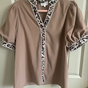 Entro Taupe Blouse with Leopard Trim